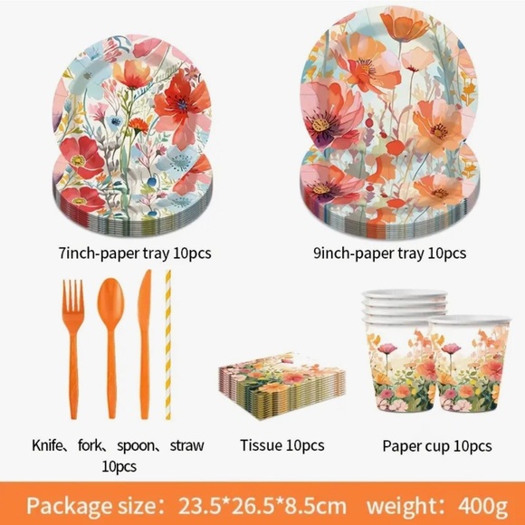80-pc Vibrant Peachy Salmon Paper Tableware Party - Set for 10 - Picture 4 of 6